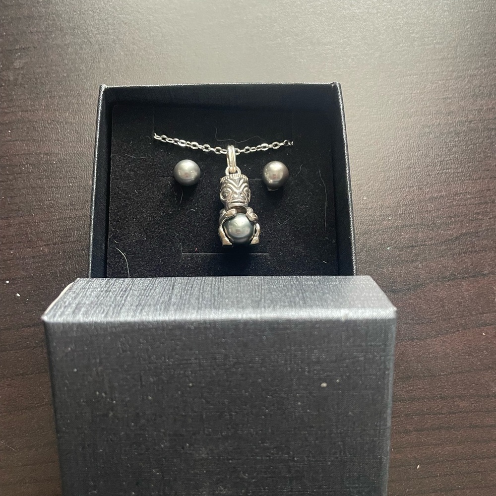 Sterling Silver and Black Pearl necklace with matching earrings